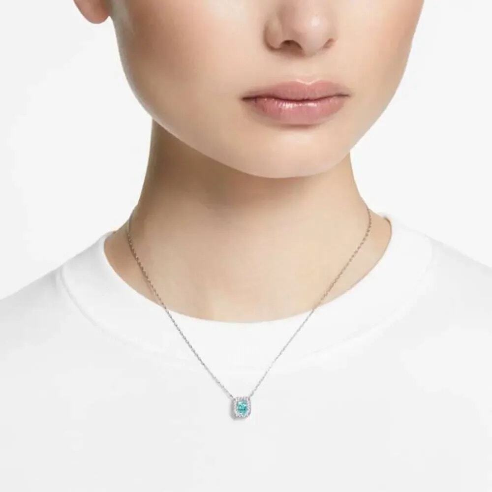 Swarovski Una Necklace Octagon Cut Vibrant Blue Rhodium Plated New With Box